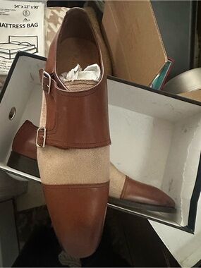 Paul Fredrick Brown Leather and Beige Fabric Double Monk Strap Shoes